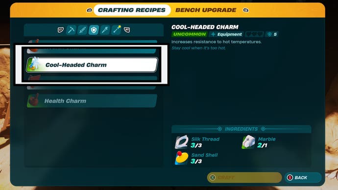 lego fortnite cool headed charm recipe in crafting bench menu highlighted