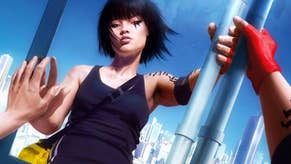 Concept art from Mirror's Edge, showing main character faith reaching out and touching the mirrored wall of a tall, shiny glass building. She sees her reflection - black vest, tattooed arm, bob haircut - against the backdrop of the skyscraper city behind her. There's a lot of piercing sky blue in the image.