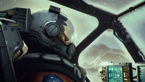 A Starfield screenshot showing a pilot in their spaceship cockpit, mountains visible in the distance through the glass.