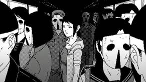 Black and white 1-bit art from World of Horror showing a girl on a subway train surrounded by eerily masked commuters.